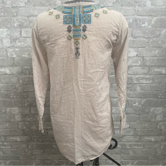 Johnny Was Biya Cream and Blue Mixed Print Long Sleeve Tunic - Picture 11 of 13